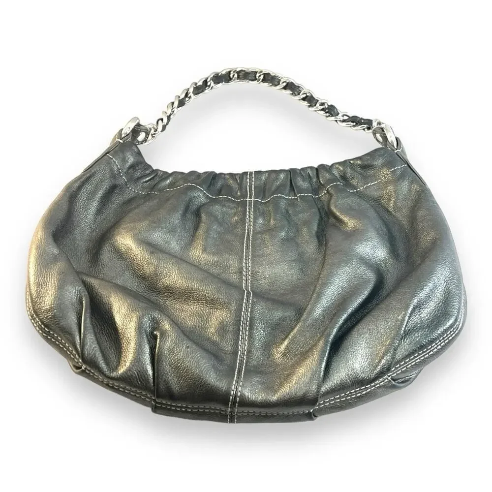 TALBOTS Metallic Gray Leather Hobo Shoulder Bag with Silver Tone Hardware